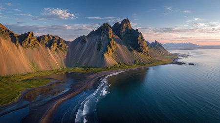 Towering jagged peaks meet a calm, shimmering sea along a pristine shoreline under a cloudless azure sky, evoking serenity and wild beauty.の写真素材
