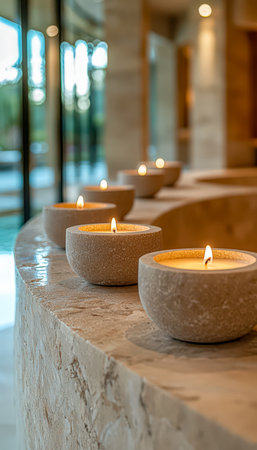 Warm candlelight flickers along a stone table, creating a cozy ambiance amid sleek modern design and vast glass panes illuminating the space.の写真素材