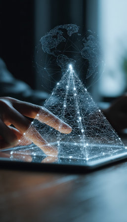 A glowing digital sphere surrounded by streaming data lines, emerging from a sleek tablet, evoking a sense of high-tech global connectivity.の写真素材