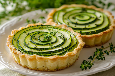 Sliced zucchini layered in a flaky pastry, topped with vibrant herbs, presented on an ornate plate for an elegant, appetizing display.の写真素材