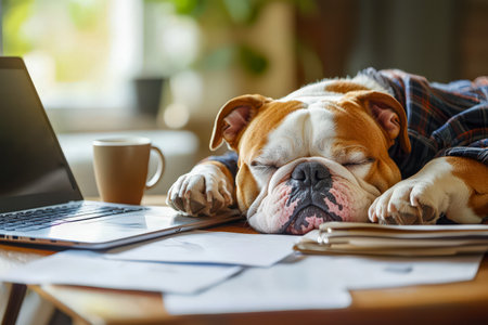 A cozy scene of a bulldog curled up beside a laptop and scattered documents, adding a playful touch to a busy workspace atmosphere.の写真素材