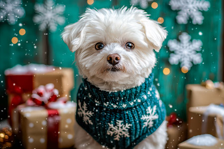 A charming small dog dressed in a cozy holiday sweater, surrounded by wrapped presents and delicate snowflakes, set against a festive winter backdrop.の写真素材