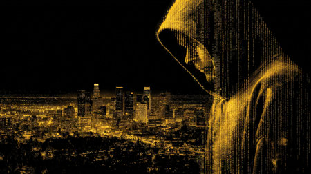 A mysterious cloaked silhouette gazes over a neon-lit metropolis, blending futuristic glow with a dark, atmospheric cyberpunk ambiance.の写真素材