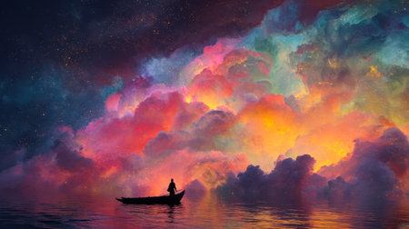 A lone individual serenely drifts across glassy waters beneath a dazzling sky awash with fiery hues,...