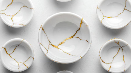 Luxurious bowls showcasing a smooth marble design with shimmering gold streaks, set against a refined textured white surface for an upscale display.の写真素材