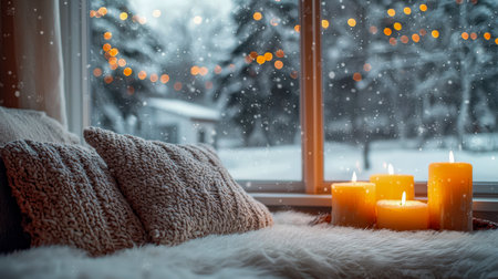 Warm ambient setting featuring flickering candles, plush textured pillows, and a snowy window view, perfect for cozy winter moments or relaxing atmospの写真素材