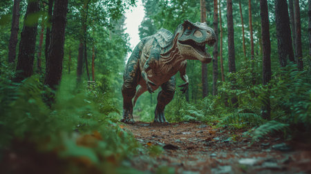 A life-like dinosaur strides amid lush greenery, sunlight filtering through towering trees, creating an adventurous prehistoric atmosphere.の写真素材