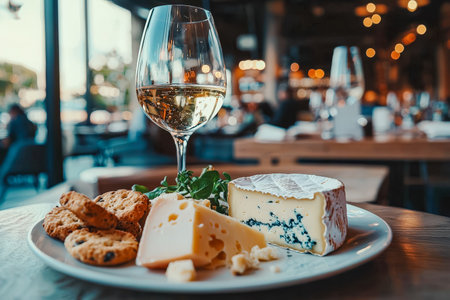 A delicate white wine glass paired with artisan cheese, sweet cookies, and fresh herbs on a rustic plate, evoking warm, intimate dining ambiance.の写真素材