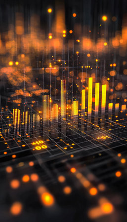 A sleek digital scene featuring luminous bar graphs and vibrant connection lights, creating an advanced high-tech data analysis atmosphere.の写真素材