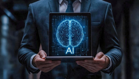 A professional in business attire examines a futuristic hologram of a human brain intertwined with...
