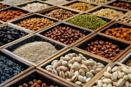 Assorted nuts and seeds beautifully showcased in a lively and colorful market setting