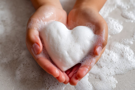 Gentle hands cradle a delicate, heart-shaped soap amid shimmering bubbles, evoking purity, care, and...
