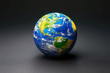 A miniature Earth model delicately perched against a deep, dark backdrop, evoking themes of global...