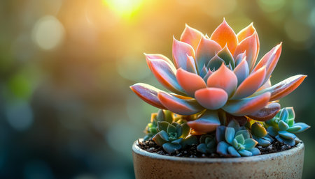 Vibrant succulent with variegated leaves nestled in a cozy pot, set against a softly blurred backdrop evoking calm and natural beauty.の写真素材