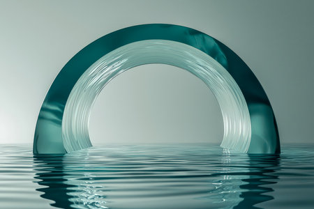A sleek, curved metallic structure hovers above a mirrored water plane, bathed in gentle light, creating a futuristic and tranquil ambiance.の写真素材