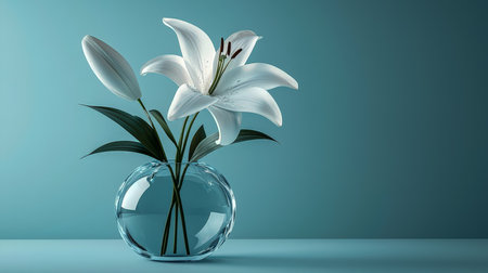Delicate white lily blooms rest in a transparent vase, set against a gentle blue hue that evokes serenity and sophisticated charm.の写真素材
