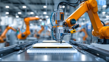 Precision-engineered robotic device assembling tiny electronic components amidst glowing screens and advanced machinery in a sleek high-tech factory.の写真素材