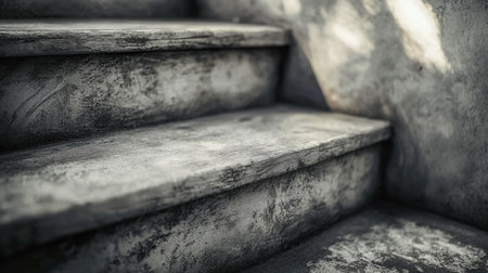 Old stone steps with rugged, chipped surfaces and rich patina, evoking a sense of history and resilience in urban decay.の写真素材