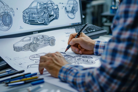 Design engineer focused on creating detailed drawing of car part in automotive industryの写真素材