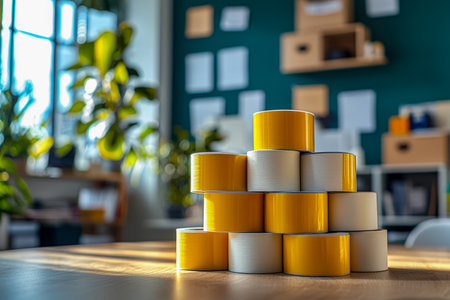 Vibrant yellow and crisp white tape rolls arranged on a sleek wooden surface evoke a professional workspace, ideal for construction, repair, or planniの写真素材