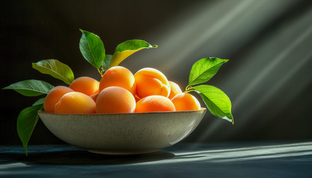 Juicy ripe peaches nestled with vibrant green leaves in a rustic bowl, creating a rich contrast...