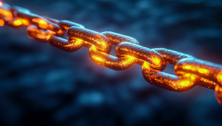 A detailed shot of a luminous metal link, its reflective surface catching light, set against an unobtrusive, softly blurred backdrop for versatile usaの写真素材