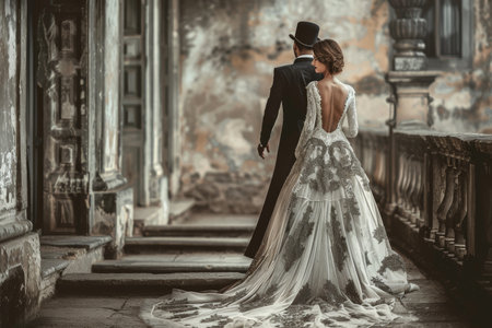 Fashionable couple in formal attire posing elegantly against stunning architectural backdropの写真素材
