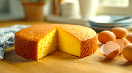 A freshly baked sponge cake with whole eggs, displayed on a rustic wooden surface, evoking warm...