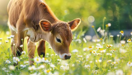 Young calf grazing in sunny daisy field on a summer day farm animal harmony conceptの写真素材
