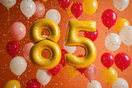 Bright, cheerful scene featuring shimmering gold '85' balloons amid vibrant balloons and confetti,...