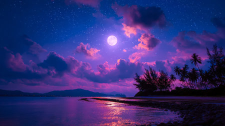 A tranquil moonlit shoreline with shimmering waves, a clear star-studded sky, and lush palm...
