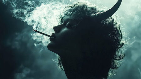 A figure in an intricate, horn-adorned headpiece exhales cigarette smoke amid swirling clouds,...