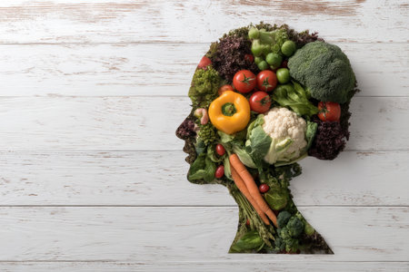 A vibrant, artistic profile silhouette composed of colorful fresh vegetables, set against a rustic white wooden backdrop, symbolizing healthy living aの写真素材