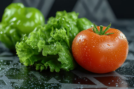 Juicy ripe tomatoes and crisp lettuce glisten with fresh water droplets, arranged on a sleek dark backdrop, evoking freshness and vibrant health.の写真素材