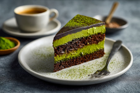 An elegant slice of green tea-flavored chocolate cake rests on a plate, with steaming cups of green tea and coffee softly blurred in the background, eの写真素材
