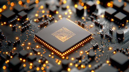 A detailed shot captures a sleek processor surrounded by glowing circuit pathways, emphasizing advanced technology and high-performance computing.の写真素材