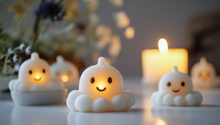 Softly glowing cloud-shaped led lights with cheerful faces cast a gentle, inviting ambiance perfect for bedtime comfort and relaxing decor.の写真素材