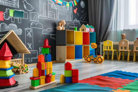 Colorful educational blocks playroom with chalkboard in preschool kindergarten interiorの写真素材
