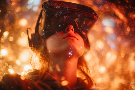 An individual immersed in a virtual experience, surrounded by shimmering sparks and soft bokeh...