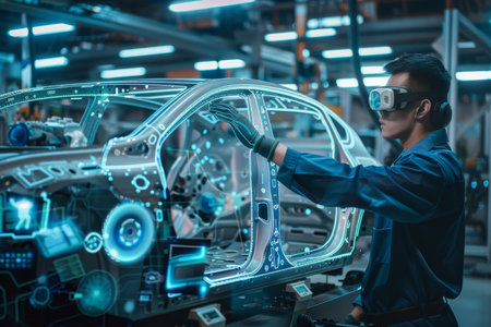 Automotive engineer in futuristic setting efficient cutting edge technology on the car assembly lineの写真素材