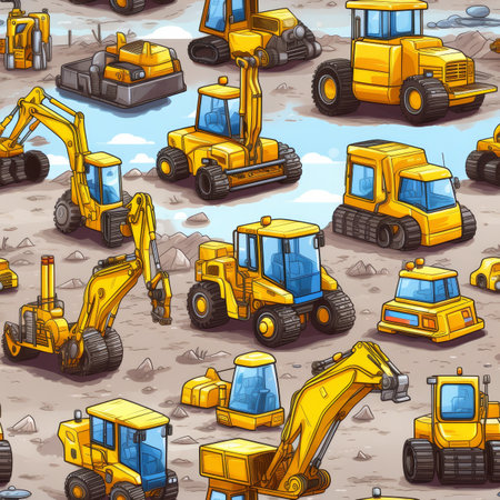 Cute baby toy construction equipment pattern with dump truck, concrete mixer, excavator, craneの写真素材