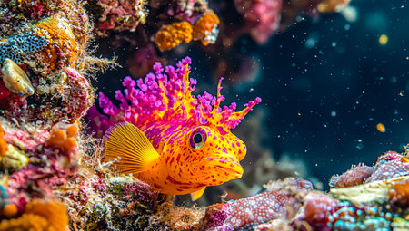 A striking orange mandarin fish weaves through vivid coral structures and shimmering marine flora,...