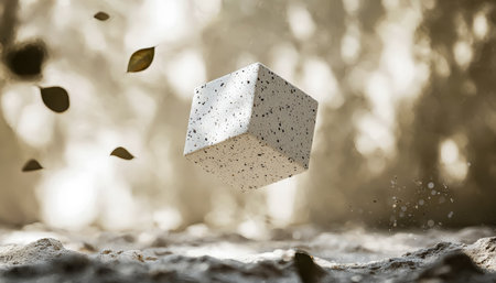A multicolored, textured cube gently hovers amidst a serene forest scene, surrounded by drifting leaves and tiny dust motes, evoking tranquility and cの写真素材