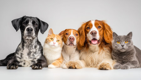 Adorable pets gather closely, showcasing playful expressions and soft fur in a cozy, heartwarming...
