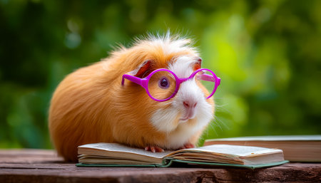 A charming guinea pig with vibrant purple spectacles relaxes outdoors, engrossed in a book amid lush greenery, creating a cozy reading scene.の写真素材
