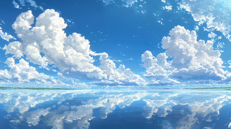 A tranquil scene with a mirror-like lake capturing a vast, cloud-dotted sky, evoking serenity and...