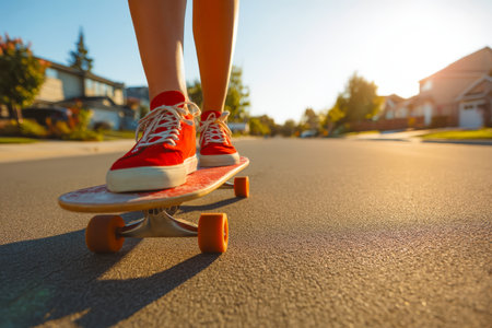 A young skater glides along a peaceful suburban road as warm sunset light bathes quiet houses and trees, creating a cheerful, laid-back atmosphere.の写真素材