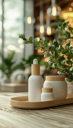 Elegant ceramic and wooden vessels arranged on a natural wooden tray, accented by lush greenery, creating a warm, sleek ambiance in a contemporary spaの写真素材