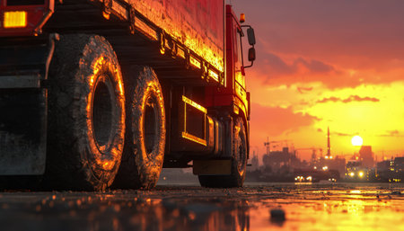A massive industrial vehicle rests against a vivid sunset, silhouetted against a bustling urban...
