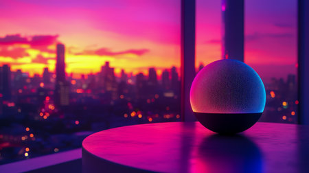 A sleek smart device rests on a polished surface, with vibrant sunset colors illuminating a bustling urban horizon behind it.の写真素材